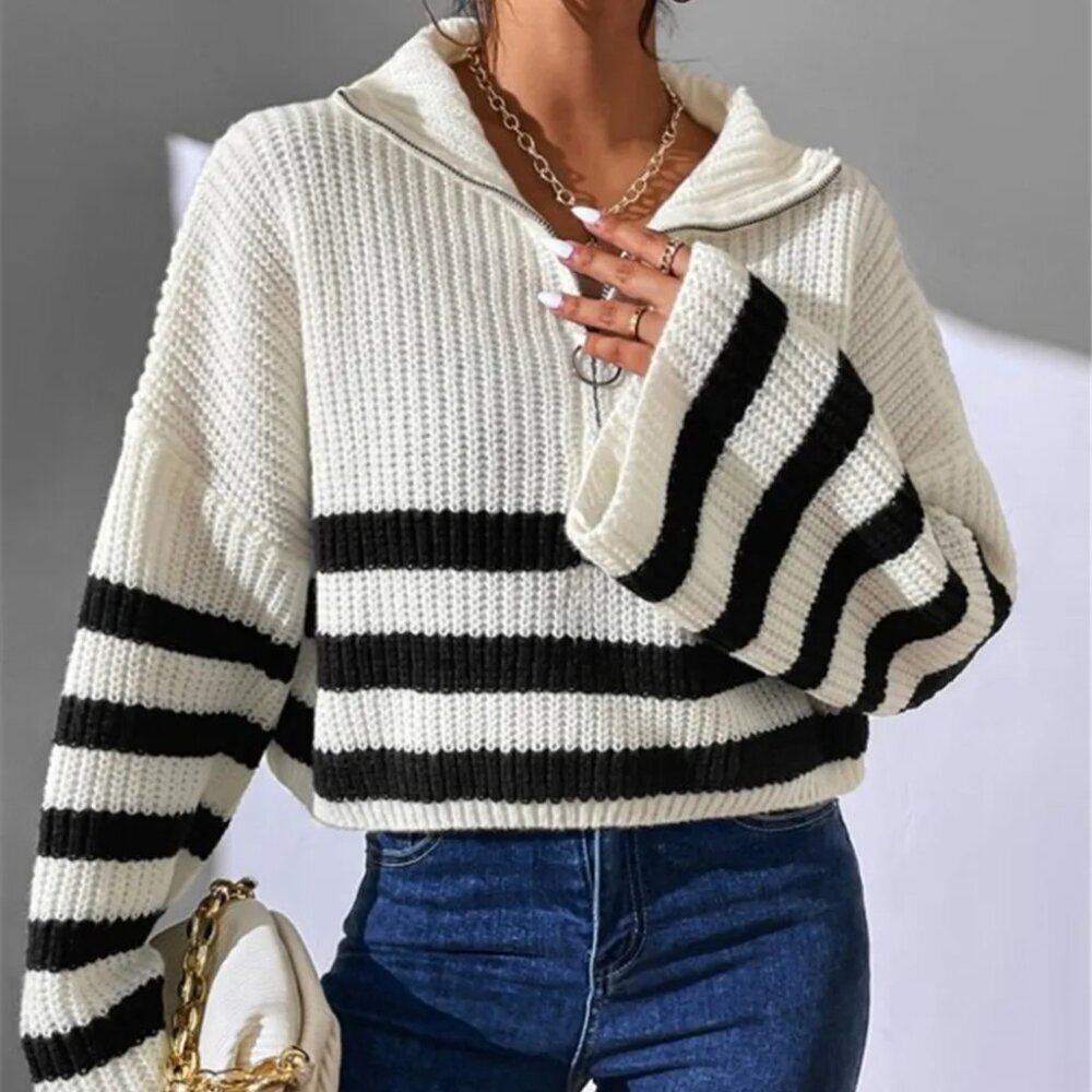 Striped Half Zip Cropped Sweater